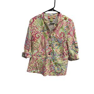 Lilly & Van Paisley Button Up Shirt Green Pink Sz Large Roll Tab Sleeve Colorful